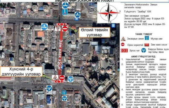 Хүнсний 4-р дэлгүүрийн уулзвараас Өлзий төв хүртэлх автозамын хөдөлгөөнийг хязгаарлалаа