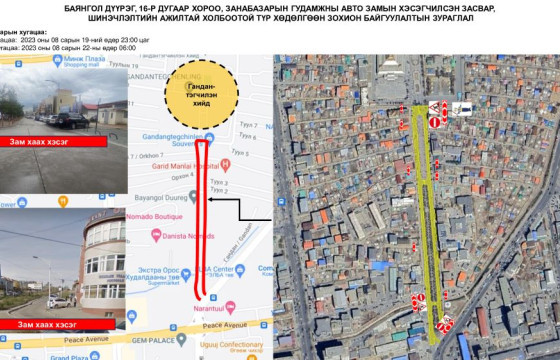 Гандантэгчэнлин хийдийн урд талын авто замыг хааж, хучилт хийнэ