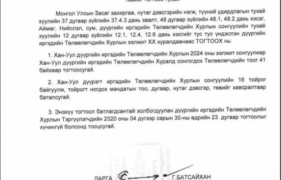 Хан-Уул дүүргийн иргэдийн Төлөөлөгчдийн XX-р хуралдаанаас 2024 оны дүүргийн иргэдийн Төлөөлөгчдийн Хурлын ээлжит сонгуулийн тойрог, мандатын тоог хэлэлцэн баталлаа.